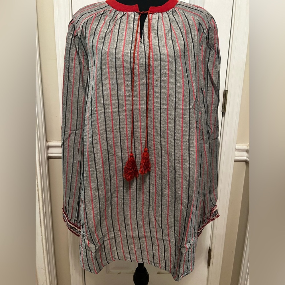 Hayden Gray & Red Boho Striped Cotton Top Sz 1x PTP 24